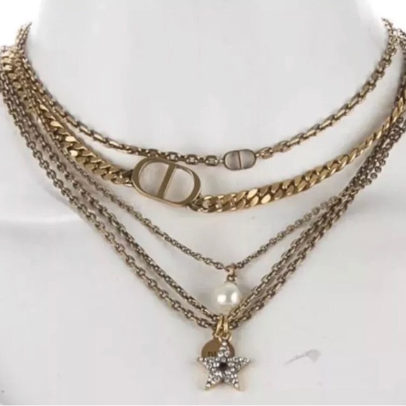 Christian Dior Multi Gold Chain Strand Link Star Crystals CD Necklace Vintage - Picture 4 of 4